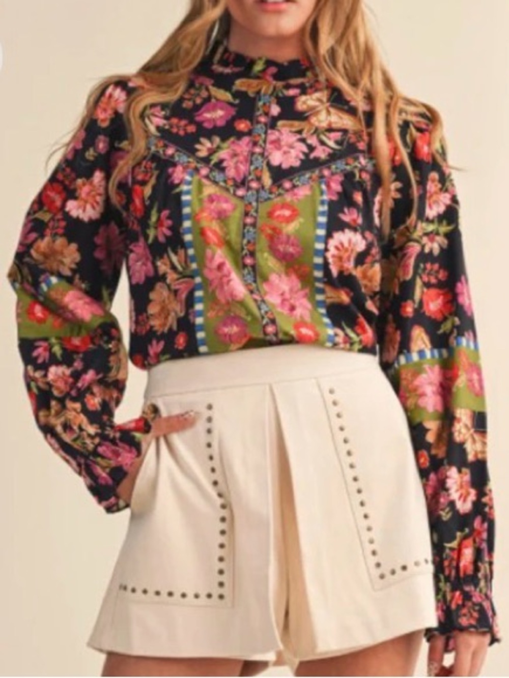 &Merci Floral  Long-Sleeve Women’s Top high neck colorful